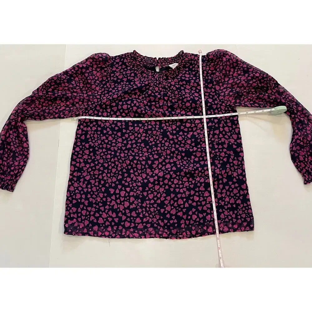 New LOFT Navy Blouse, Pink Hearts, Puff Sleeve, Sheer Sleeve, Size S